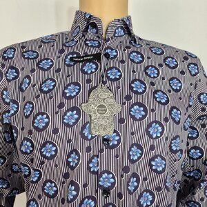 Visconti Black Button Up Flip Cuff Long Sleeve Shirt Men's Size S Blue Striped 8